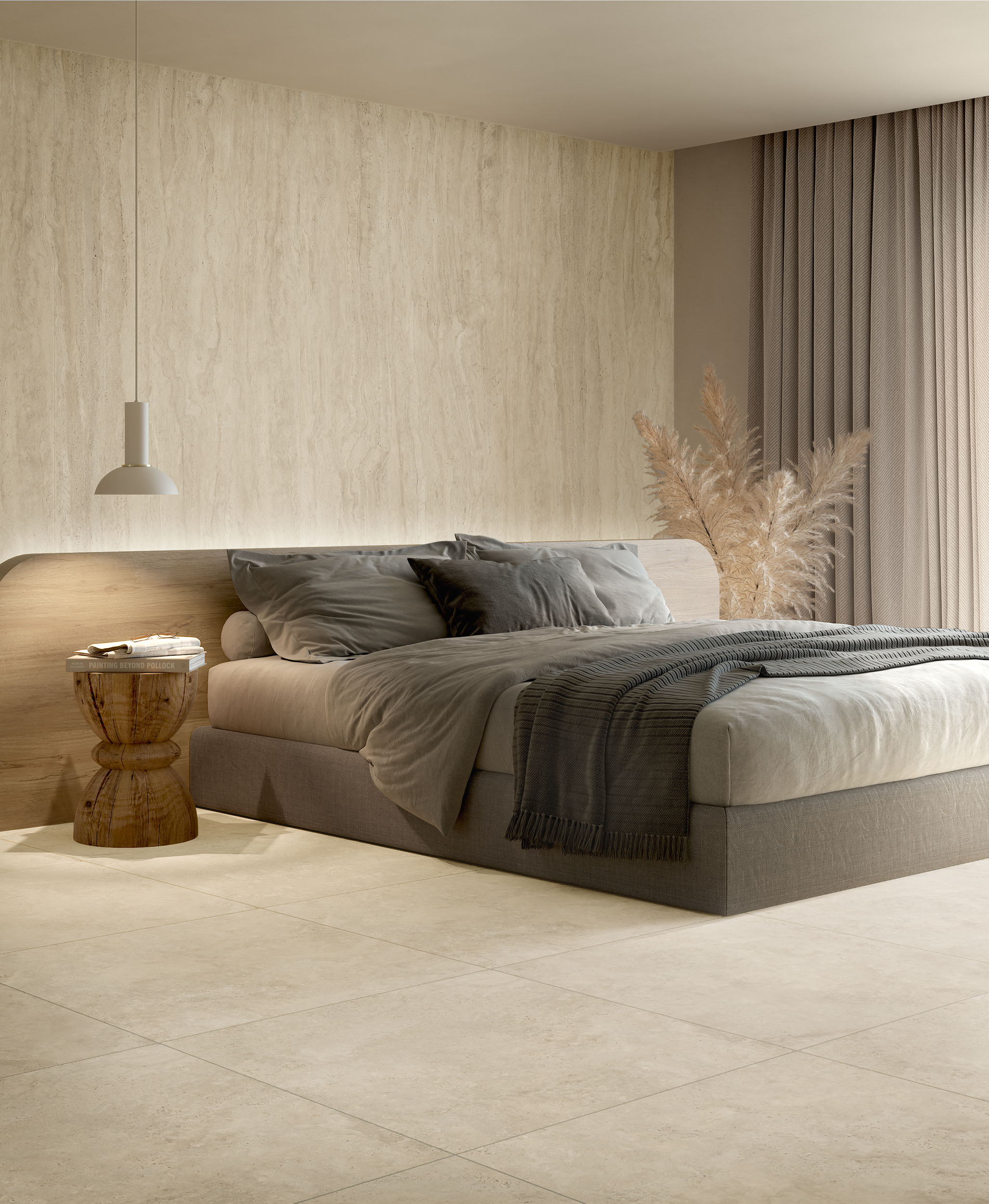 Herringbone tile pattern in a styled bedroom interior