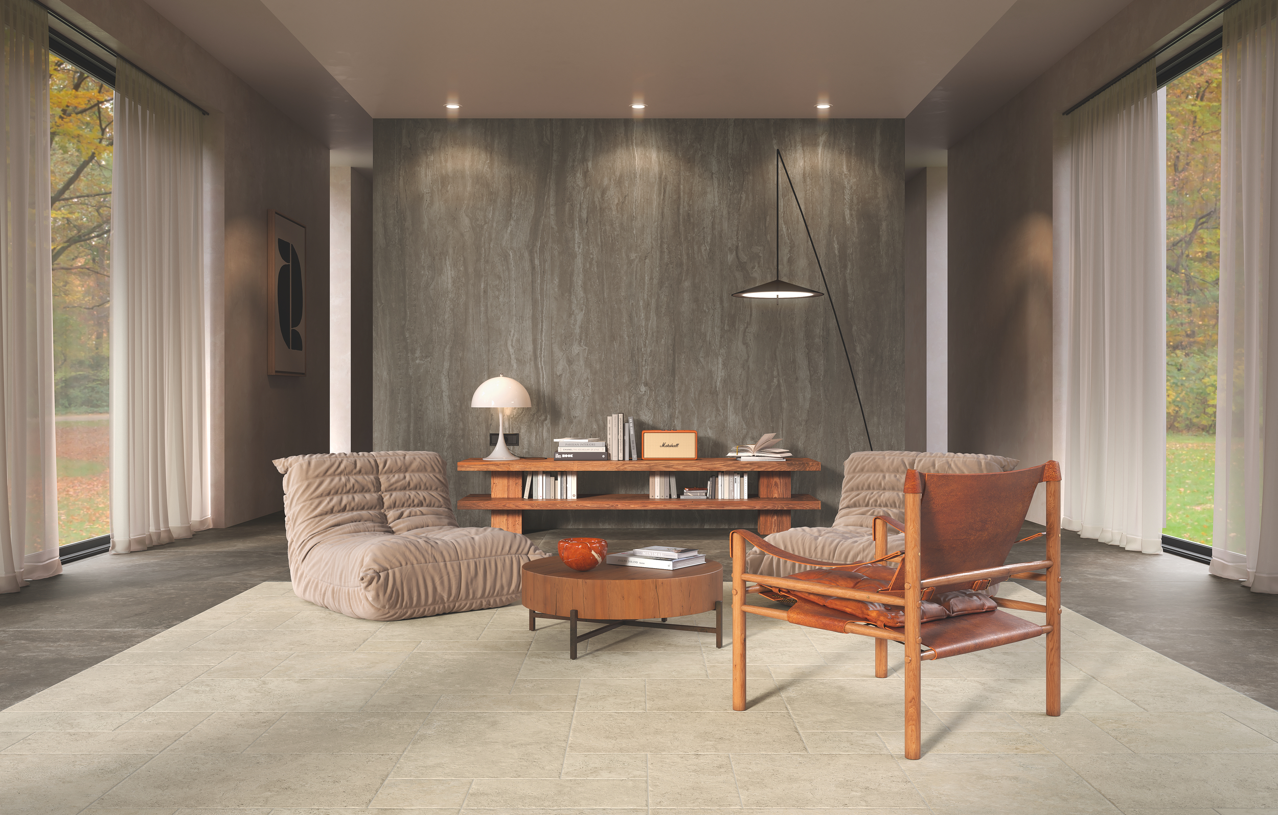 Concrete look porcelain tiles in a contemporary living interior
