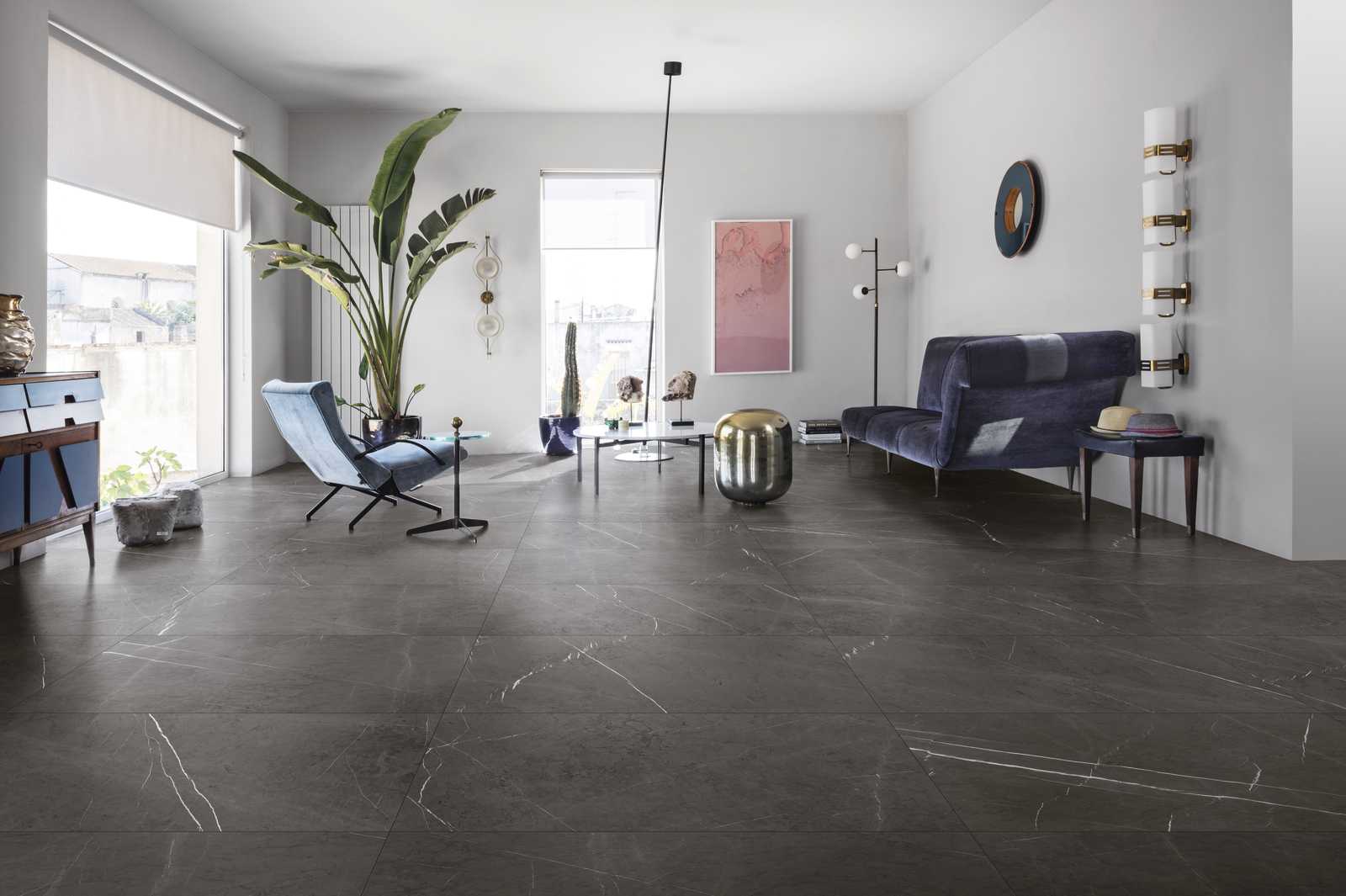 Marble look tiles in a contemporary living room